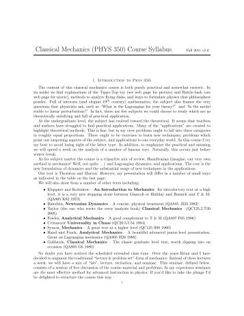 Classical Mechanics (PHYS 350) Course Syllabus - Academics