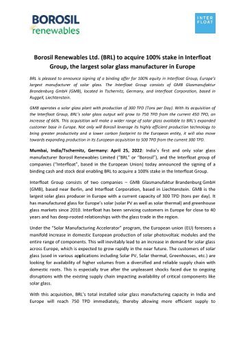 Borosil Renewables Ltd. (BRL) to acquire a 100% stake in Interfloat Group, the largest solar glass manufacturer in Europe.