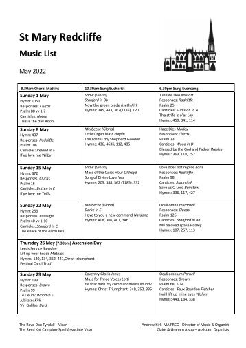 St Mary Redcliffe Music List May 2022