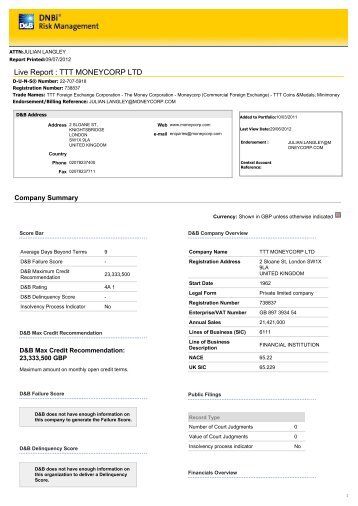 D&B Rating - Moneycorp