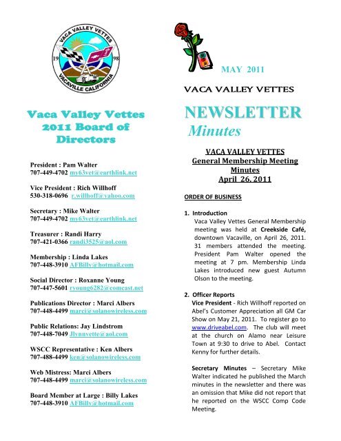 NEWSLETTER - Vaca Valley Vettes