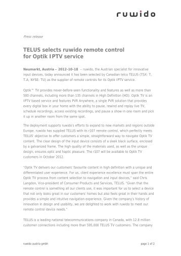 TELUS selects ruwido remote control for Optik IPTV service