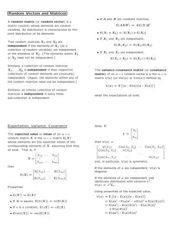 Random Vectors and Matrices Expectation, Variance, Covariance