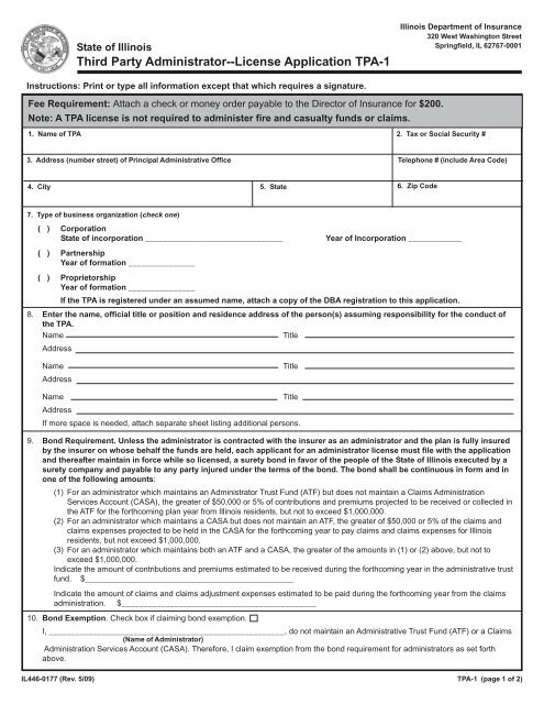 Third Party Administrator--License Application TPA-1 - Illinois ...