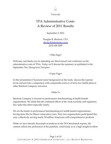 TPA Administrative Costs: A Review of 2011 Results - Sherlock ...