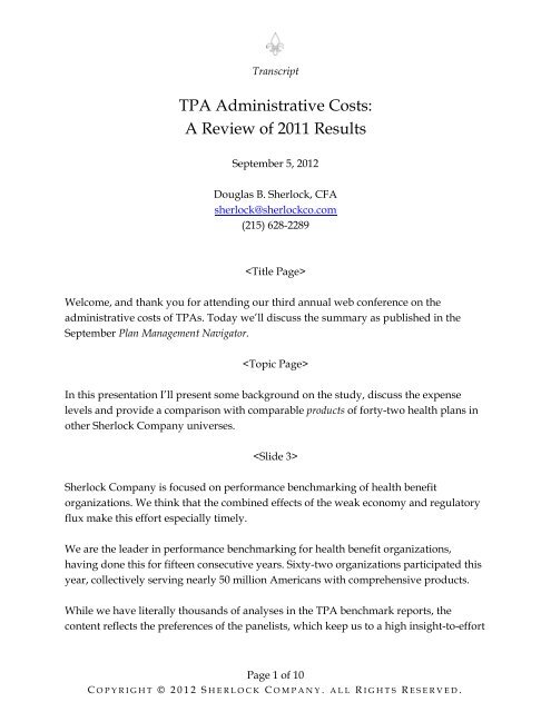 TPA Administrative Costs: A Review of 2011 Results - Sherlock ...