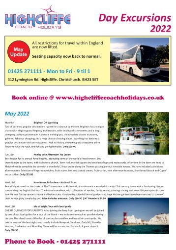 Highcliffe Coach Holidays - Day Excursion Brochure - May 2022