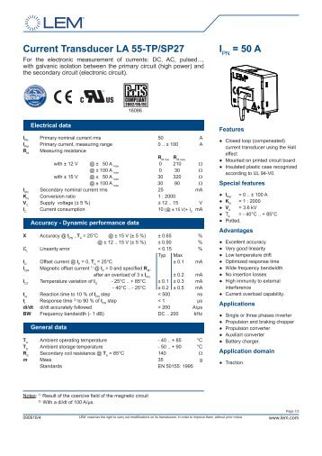 IPN = 50 A Current Transducer LA 55-TP/SP27 - LEM