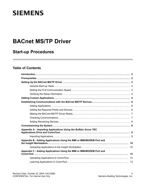 BACnet MS/TP Driver Start-up Procedures - Siemens