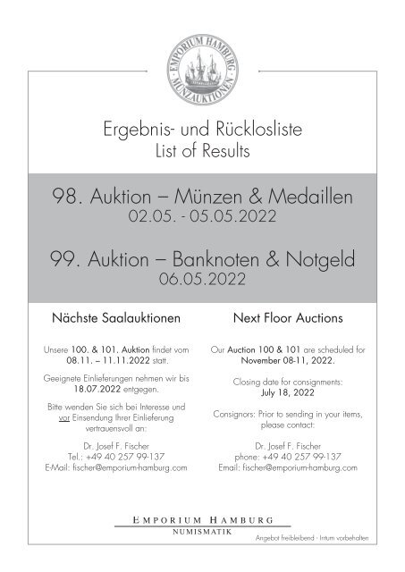 Ergebnisliste Auktionen 98 & 99 - Emporium Hamburg