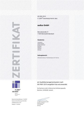 Zertifizierung ISO 9001:2015 audius GmbH 
