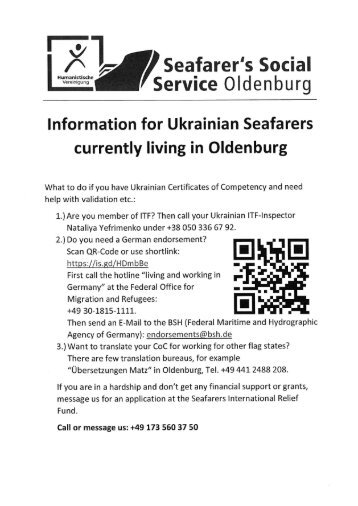 Information for Ukrainian Seafarers currently living in Oldenburg