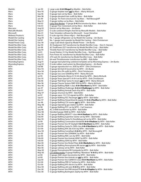 CTT Index of Product Reviews - Classic Toy Trains Magazine