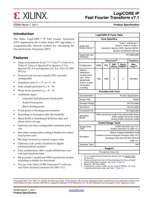 Xilinx Ds260 Logicore Ip Fast Fourier Transform V7 1 Data Sheet