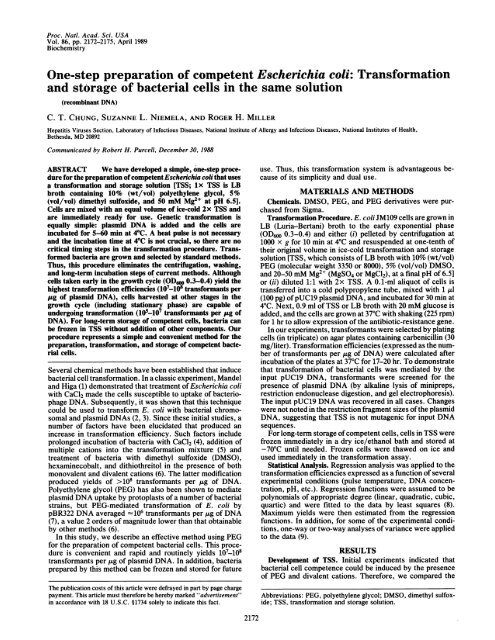 One-step preparation of competent Escherichia coli: Transformation