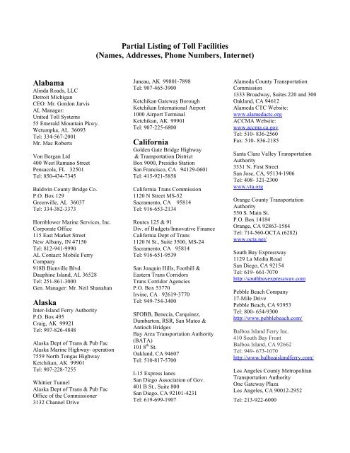 Partial Listing of Toll Facilities - Federal Highway Administration