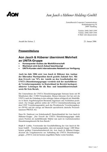 Aon Jauch & Hübener übernimmt Mehrheit an UNITA-Gruppe