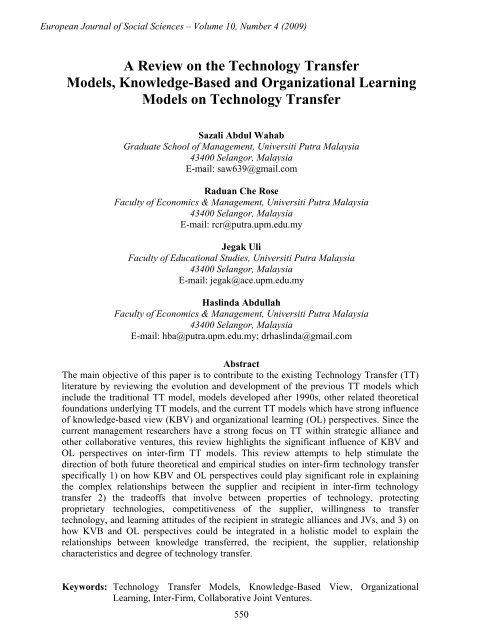 A Review on the Technology Transfer Models ... - EuroJournals