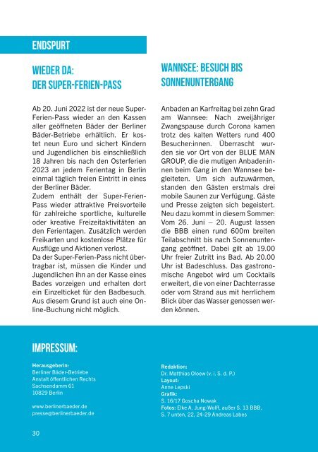 Das Kunden Magazin der Berliner Bäder - Ausgabe 01/2022