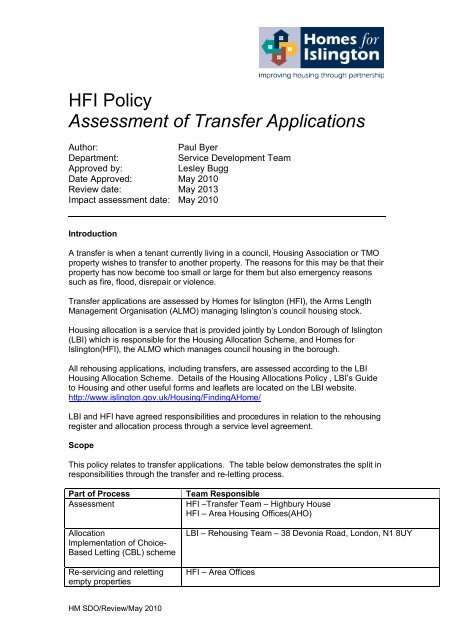HFI Policy Assessment of Transfer Applications - Homes for Islington