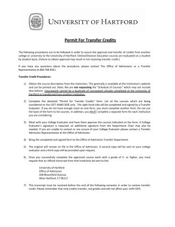 Permit For Transfer Credits - University of Hartford