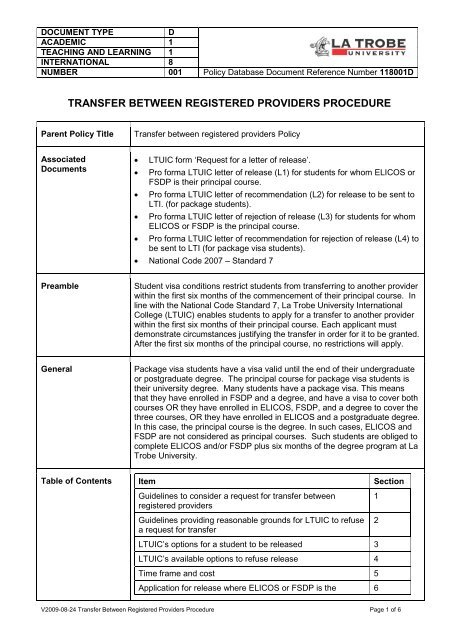 Registered Providers Transfer Procedure - La Trobe University