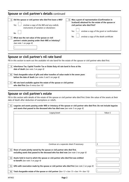 IHT402 - Claim to transfer unused nil band rate