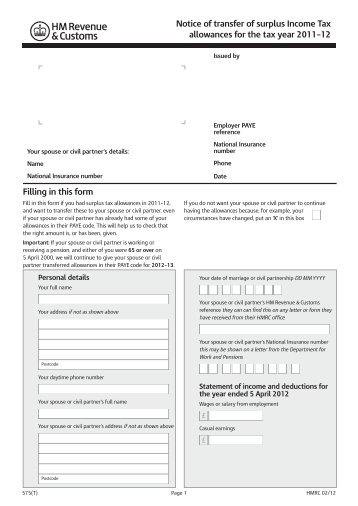 Form 575 - Notice of transfer of surplus - HM Revenue & Customs
