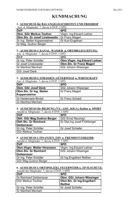 Kundmachung Ausschüsse - Furth bei Göttweig