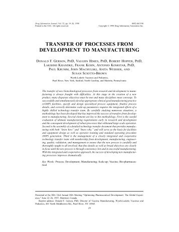 transfer of processes from development to manufacturing - Drug ...