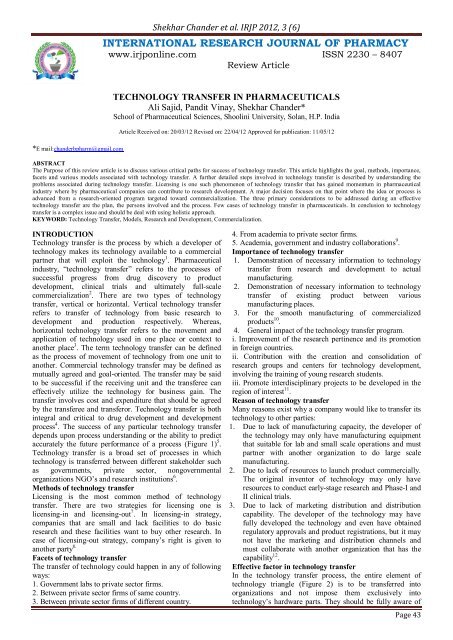 technology transfer in pharmaceuticals - International Research ...