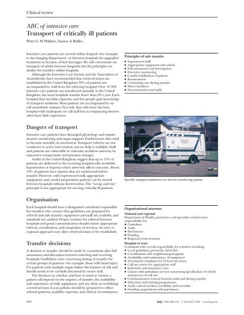ABC of intensive care Transport of critically ill patients