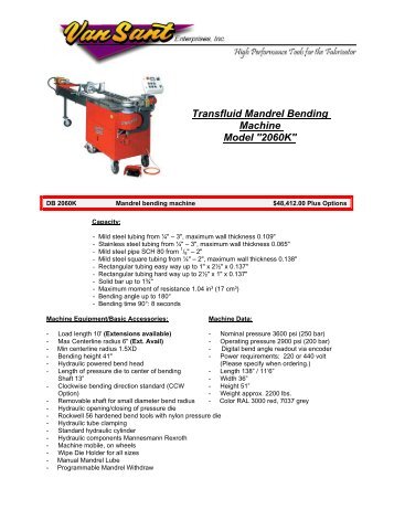 Transfluid Mandrel Bending Machine Model "2060K" - Trick-Tools.com