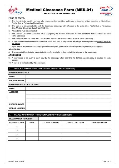 Medical Clearance Form (MED-01) - Virgin Australia Airpass