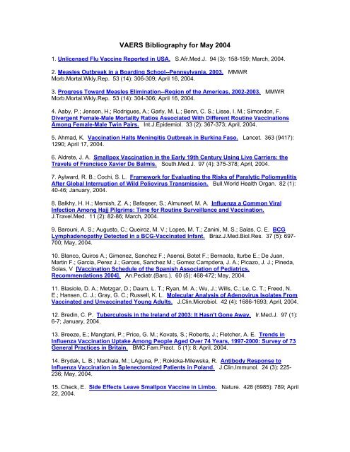VAERS Bibliography for May 2004 - Vaccine Adverse Event ...