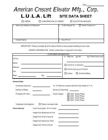 site data sheet - American Crescent - Elevator Manufacturing