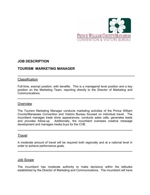 tourism and marketing manager role