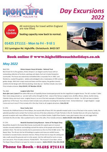 Highcliffe Coach Holidays - Day Excursions - June 2022