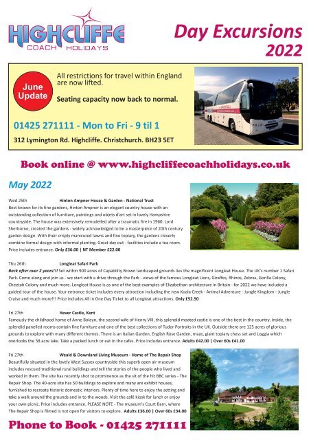 Highcliffe Coach Holidays - Day Excursions - June 2022