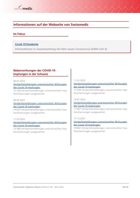 Swissmedic Vigilance-News Edition 28 – Mai 2022