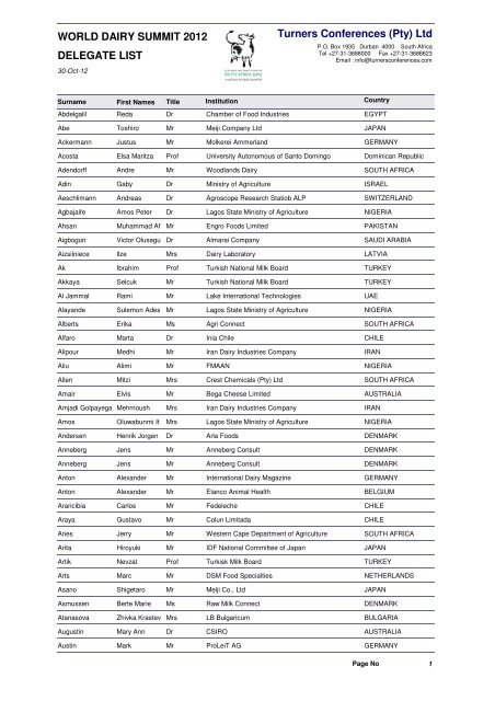 Registration Delegate List for Public - IDF World Dairy Summit 2012