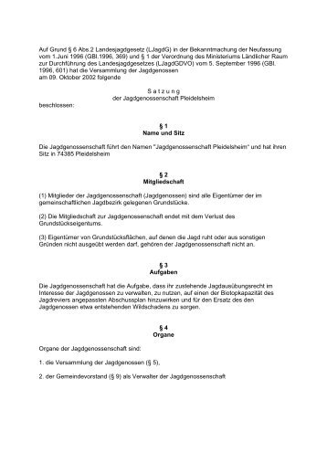 Satzung der Jagdgenossenschaft - Gemeinde Pleidelsheim