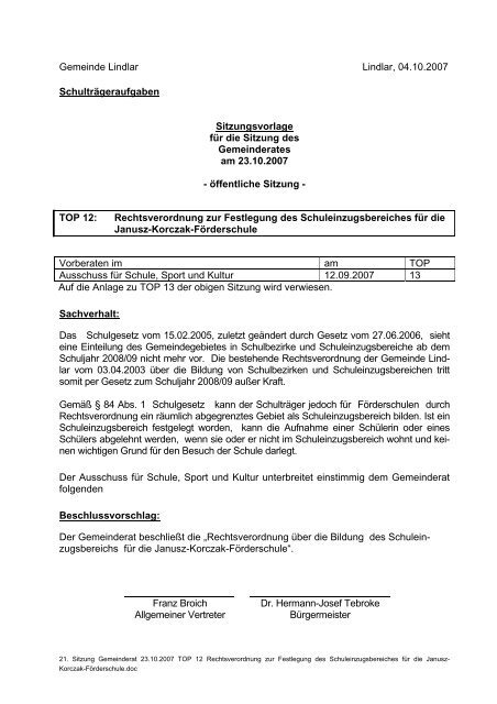 Sitzungsvorlage - Gemeinde Lindlar