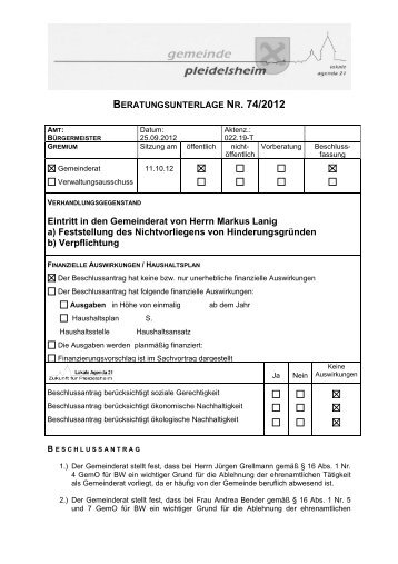 beratungsunterlage nr. 74/2012 - Gemeinde Pleidelsheim