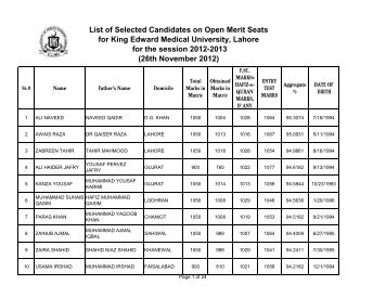 UHS First Open Merit List 2012