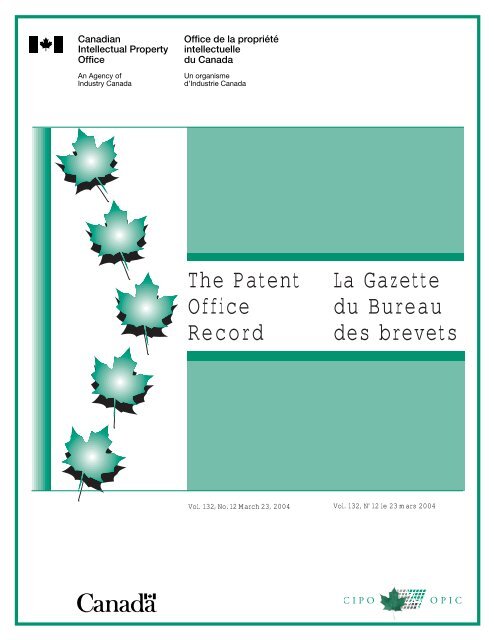 the patent office record la gazette du bureau des  - Industrie Canada