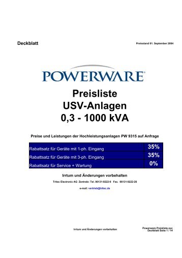 Preisliste USV-Anlagen 0,3 - 1000 kVA - of Tritec Electronic AG