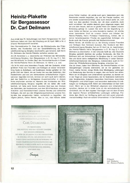 Heinitz-Plakette für Bergassessor Dr. Carl Deilmann