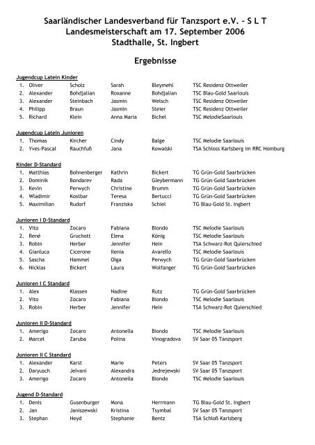 SLT Ergebnisse Stadthalle, St. Ingbert Landesmeisterschaft am 17 ...
