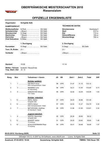 OBERFRÄNKISCHE MEISTERSCHAFTEN 2010 Riesenslalom ...